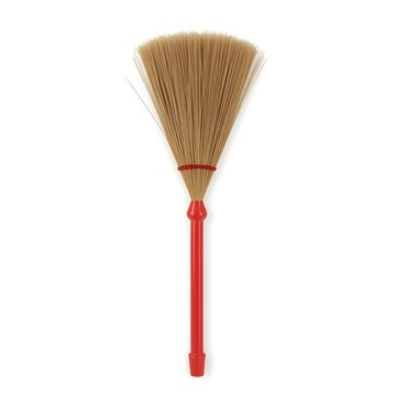 Minimalist illustration of a broom with red handle on white background 