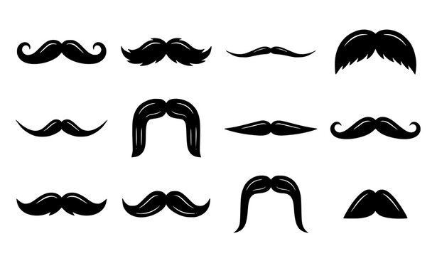 Solid Black Mustache Icon Set with Classic Facial Hair Styles Vector Collection