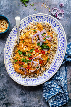 Lamb Pasanda Creamy North Indian curry with brown rice and almonds