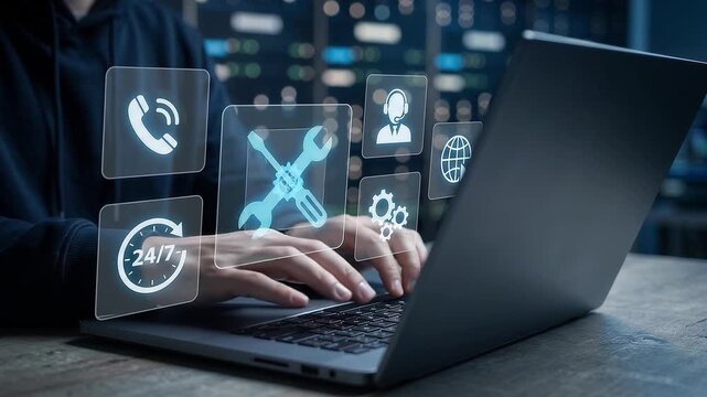 IT technician specialist typing on laptop with illuminated holographic wrench gears and clock icons for twenty four seven server maintenance and technical assistance