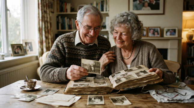 Elderly couple sits together at wooden table in their home, smiling while looking through old photo album and reminiscing about their past memories captured in vintage black and white prints.