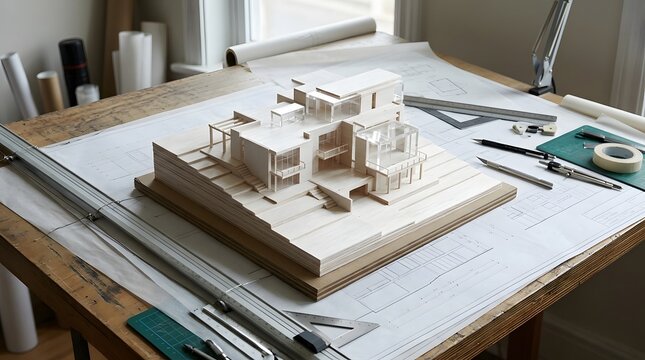 Architectural scale model of a modern minimalist house resting on a wooden drafting table surrounded by blueprints