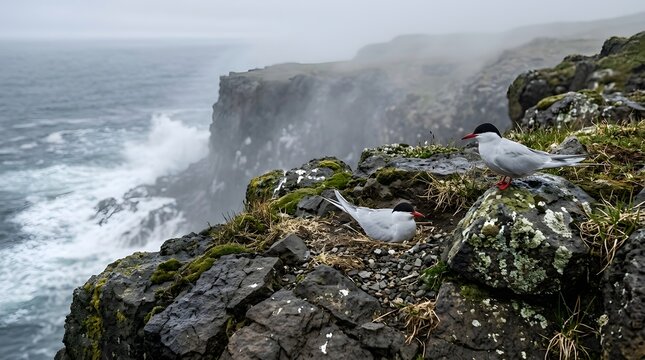 Arctic terns nesting on dramatic foggy ocean cliffs during spring breeding season in wild northern coastal landscape photography