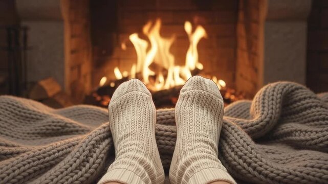 Relaxing by cozy fireplace with warm woolen socks and blanket