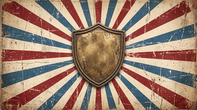 Bronze shield emblem on distressed red white and blue sunburst background.