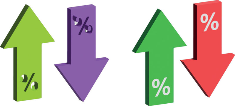 Colorful 3d arrows pointing up and down with percentage signs