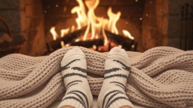 Cozy warm feet in woolen socks relaxing by the fireplace at home