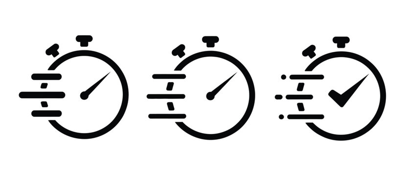 Time fast approval check mark stopwatch icon featuring quick verification, completed tasks, rapid processing, efficiency, and web mobile UI design