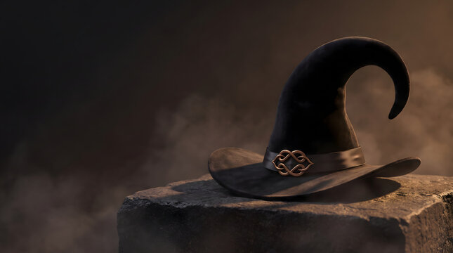 witch hat with bronze knot buckle on stone pedestal halloween magic