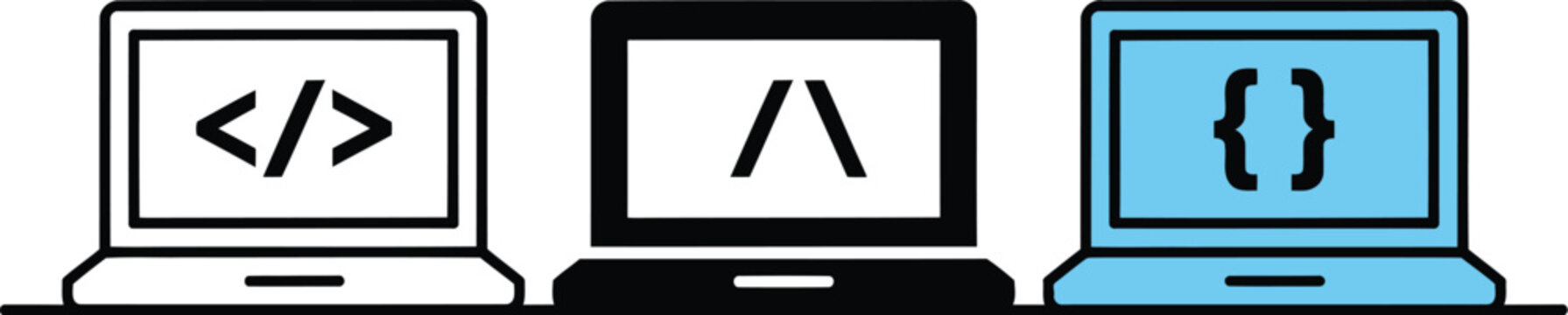 Laptop icon set flat design displaying computer programming code