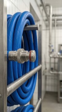 Industrial Blue Hoses with Stainless Fittings on Storage Rack
