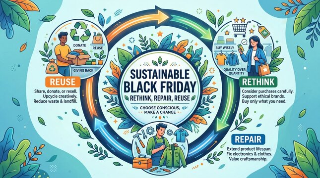 Colorful infographic promoting sustainable Black Friday choices through reuse, repair, and rethink concepts.