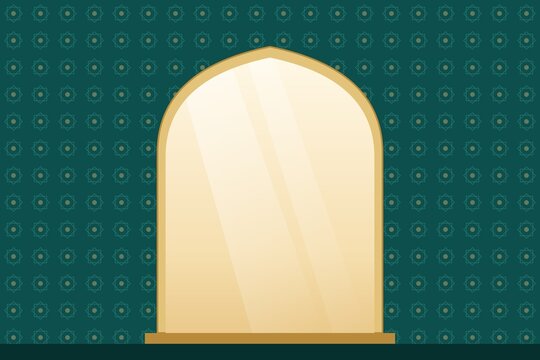 Arabic style golden arch frame on a teal patterned background