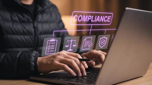 Businessman typing on laptop analyzing glowing corporate compliance hierarchy interface with legal scales checklist document and security shield icons for regulatory business audit