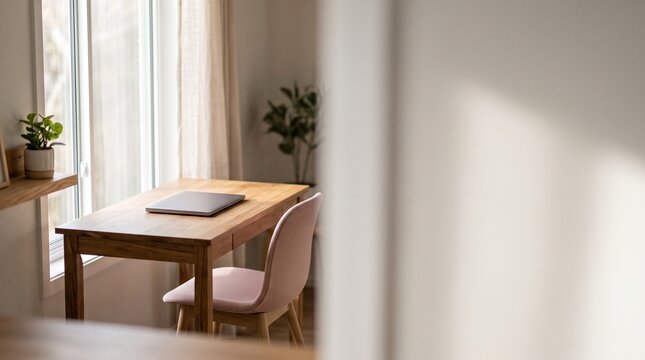 Minimalist home office setup with a wooden desk and laptop near a bright window.
