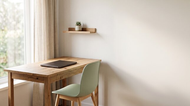 Minimalist home office workspace with a wooden desk and green chair by a bright window.