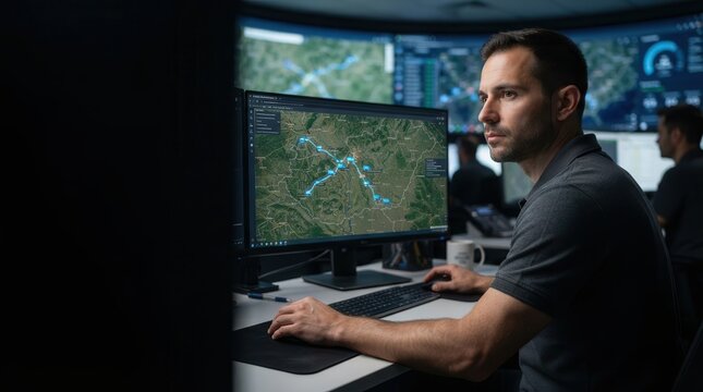 Analyst Monitoring GPS Cargo Tracking Trails in Operations Center