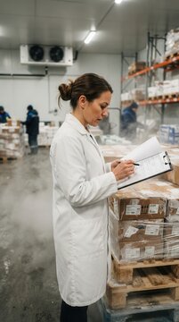 Health Inspector Reviewing Meat Storage Certification Documents in Warehouse