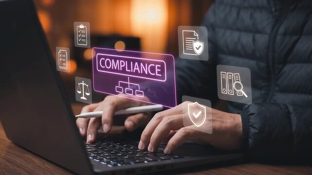Executive hand holding stylus pen and typing on laptop computer monitoring regulatory compliance framework icons for corporate governance data policy and business law