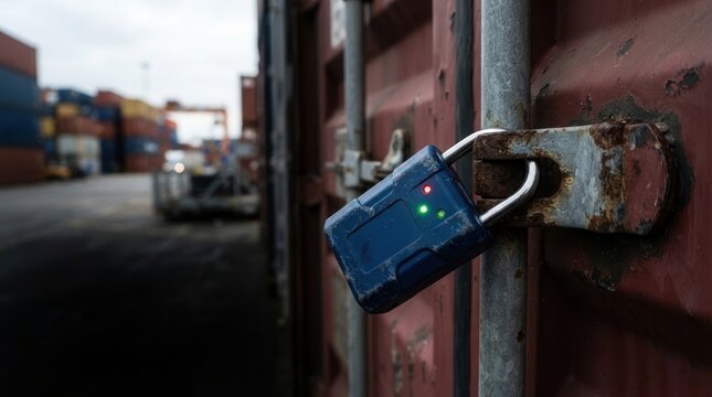 Electronic Smart Tracking Seal Locked on Weathered Shipping Container