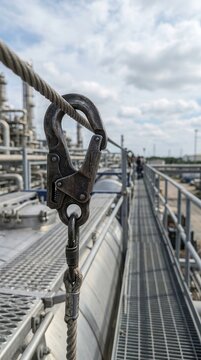 Steel Safety Snap Hook Latched onto Refinery Lifeline Cable