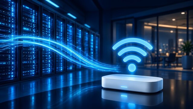 Glowing wireless router transmitting fast data waves to server racks representing high speed internet and cloud connectivity