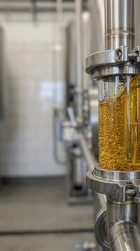 Amber Apple Cider Flowing through Stainless Steel Brewery Pipes