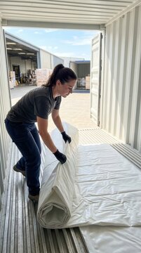 Warehouse Worker Unrolling Protective Flexitank Liner in Shipping Container