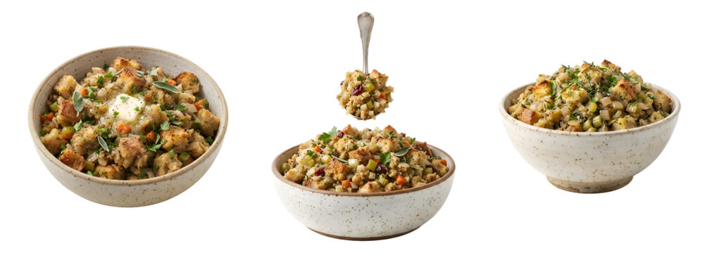 Traditional homemade thanksgiving stuffing dressing with herbs and bread cubes inside ceramic bowls showcased together on transparent background