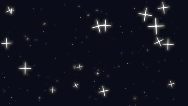 黒い背景に白い十字の星と小さな光点だけが点々とまたたくシンプルなキラキラ背景のループ映像