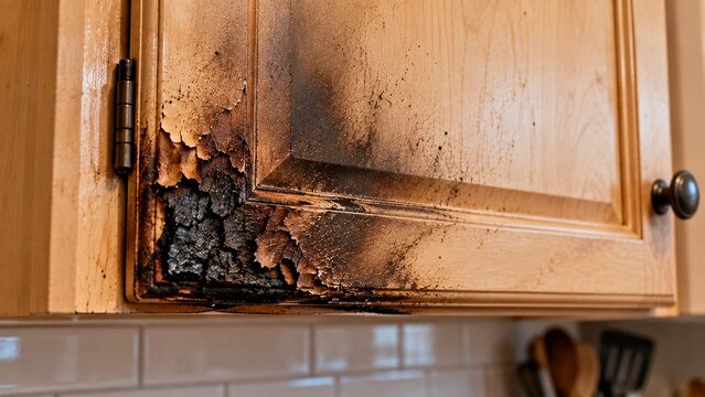 Close-up of generic wooden kitchen cabinet door showing localized charred lower corner, blistered finish and smoke staining after contained kitchen fire