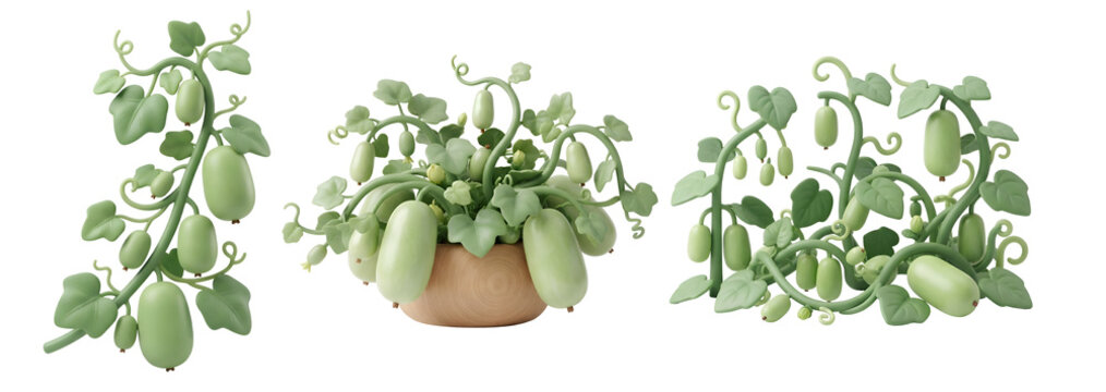 Vibrant winter melon plants featuring lush green leaves and growing gourds arranged in decorative planters presented on transparent background