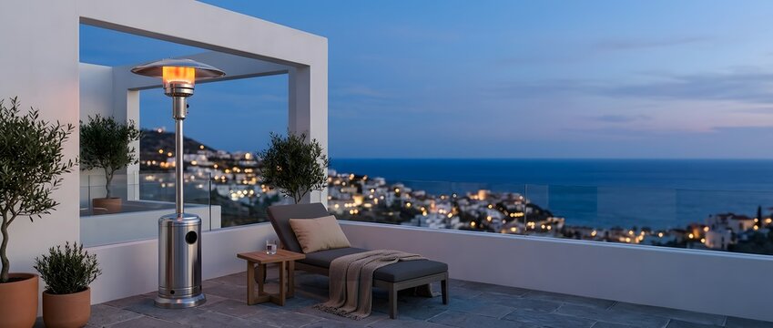 A serene evening balcony view overlooking a lit-up coastal city and sea.