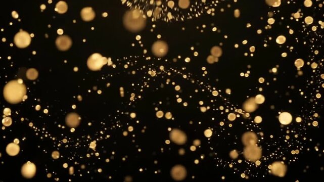 Golden Glitter Bokeh Particles Floating on Dark Black Background