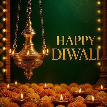 Happy diwali festival background featuring hanging brass oil lamp and marigold flower arrangement festival greeting celebration traditional religion marigold