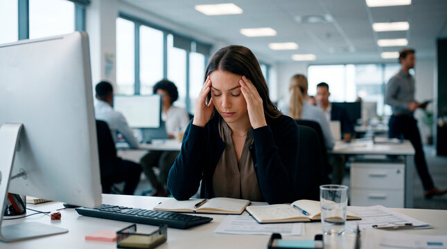 Woman experiencing stress and headache at her office desk with computer and papers