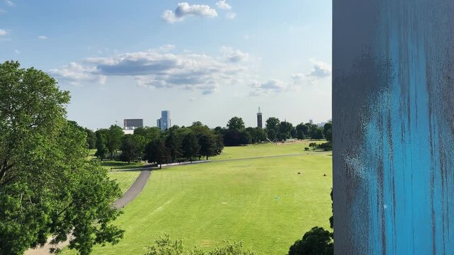 Rhine park in Cologne, panoramic aerial view. The sky is blue and the grass is green