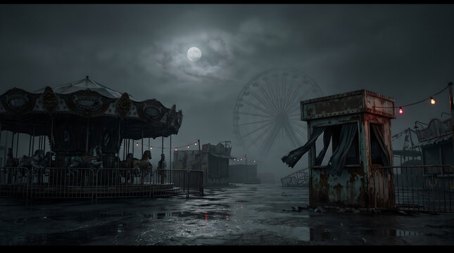 Abandoned carousel in creepy foggy carnival under full moon