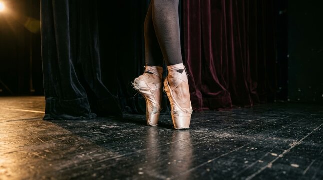 A ballet dancer stands on her toes in worn out pointe shoes on stage.