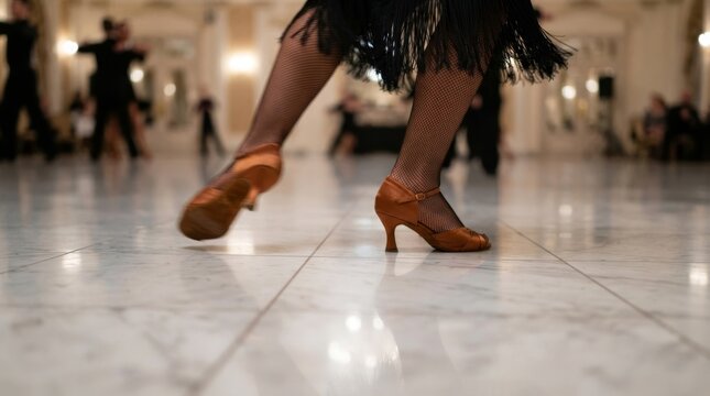 A ballroom dancer performs graceful steps across the floor during a dance competition.