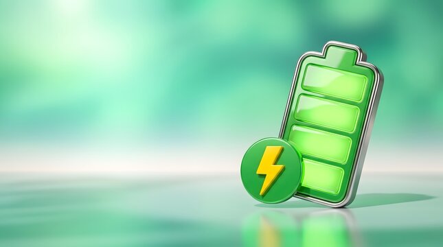 3D rendered illustration of a full green battery with a lightning bolt icon on a soft light green background