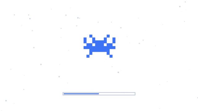 Classic 8-bit style retro gaming loading screen featuring a moving pixel art space creature