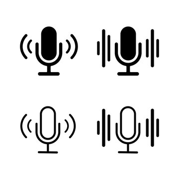microphone icon set. podcast microphone mic symbol with sound waves. editable line icon. vector illustrator.