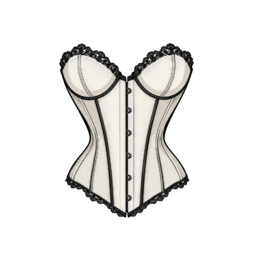 Black and ivory lace corset isolated on transparent background. Womens lingerie and fashion garment. Romantic apparel, intimate wear and boudoir styling. Vintage-inspired costume design