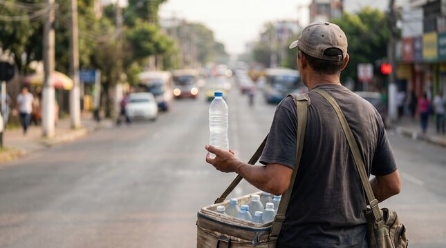 Street vendor with water bottles on busy road