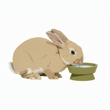 Cute brown rabbit drinking water from a green ceramic bowl vector illustration