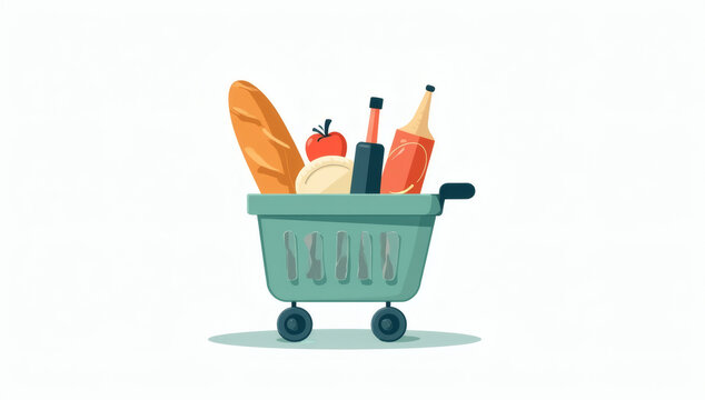 Green Shopping Cart Illustration Filled With Fresh Bread Tomatoes And Glass Bottles For Grocery Store Concepts