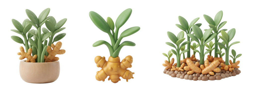 Fresh ginger root plants featuring vibrant green leaves and organic rhizomes rendered in clean three dimensional style isolated on transparent background