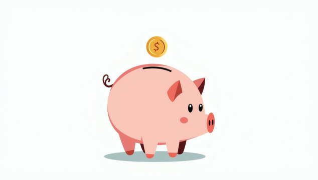A charming pink piggy bank illustration with a gold coin dropping into the slot symbolizing savings and wealth
