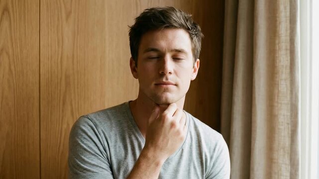 A thoughtful man rests his hand on his chin by a window.